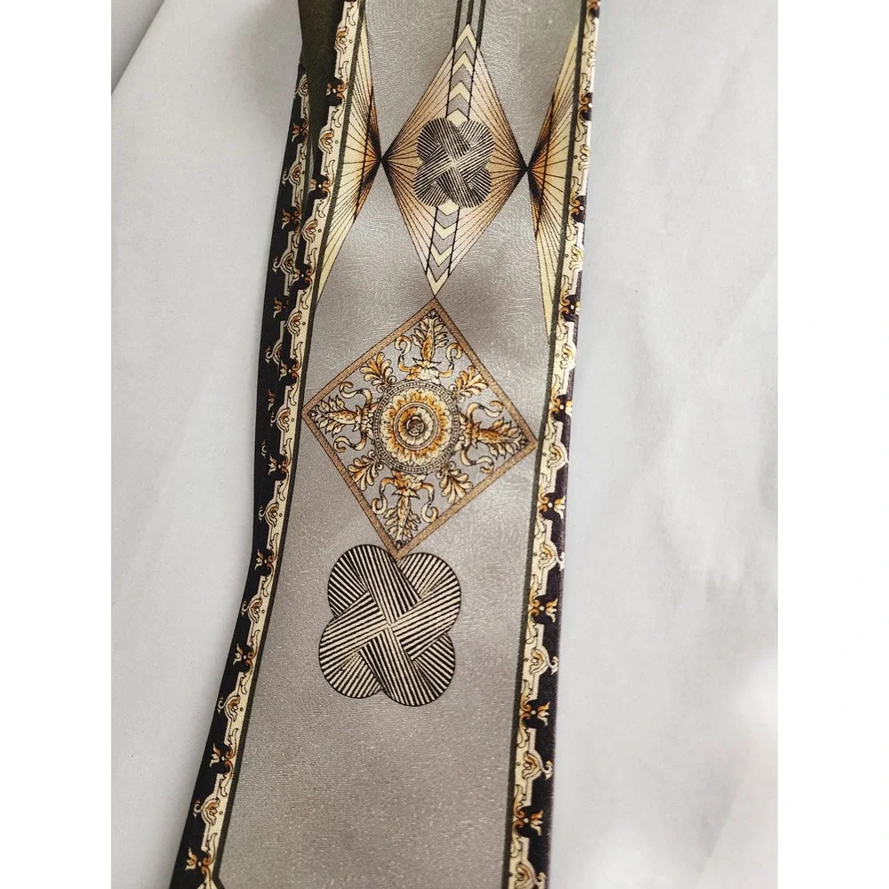 Empire High Fashion Mens Tie Silver Olive Green Geometric Baroque Medallion Silk